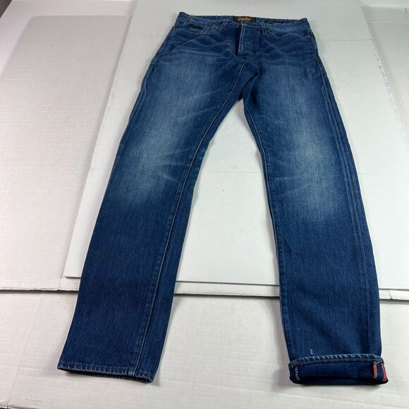 Super Dry Jean Men 31x32* Loose Taper Biker Dark Blue Cotton Denim Tag 30x32 - Picture 1 of 16